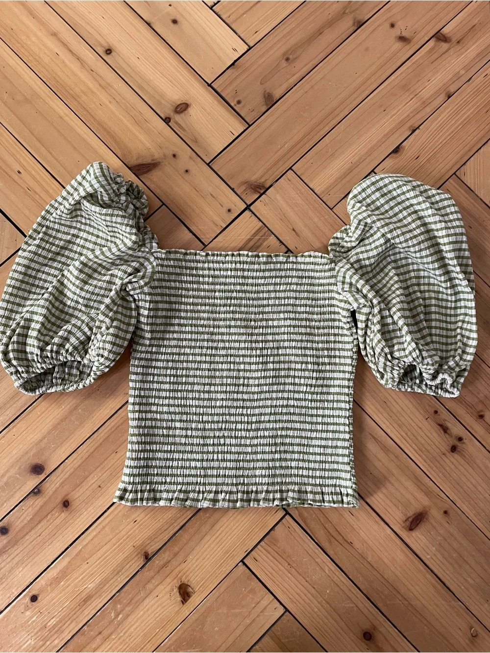 Reformation Marilyn Olive Green Gingham Smocked Puff-Sleeve Top size XS